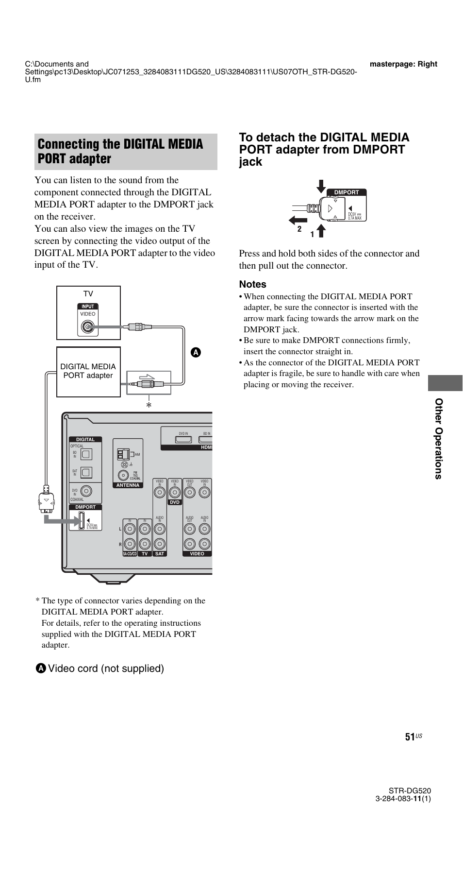 Connecting the digital media port adapter, Avideo cord (not supplied) | Sony STR-DG520 User Manual | Page 51 / 64