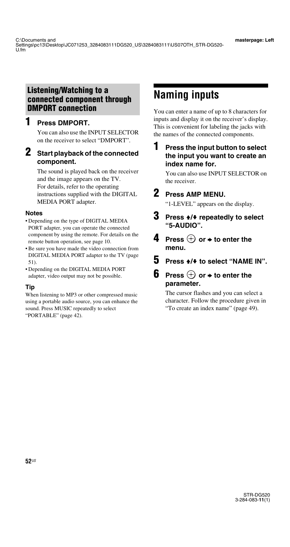 Naming inputs, See “naming inputs | Sony STR-DG520 User Manual | Page 52 / 64