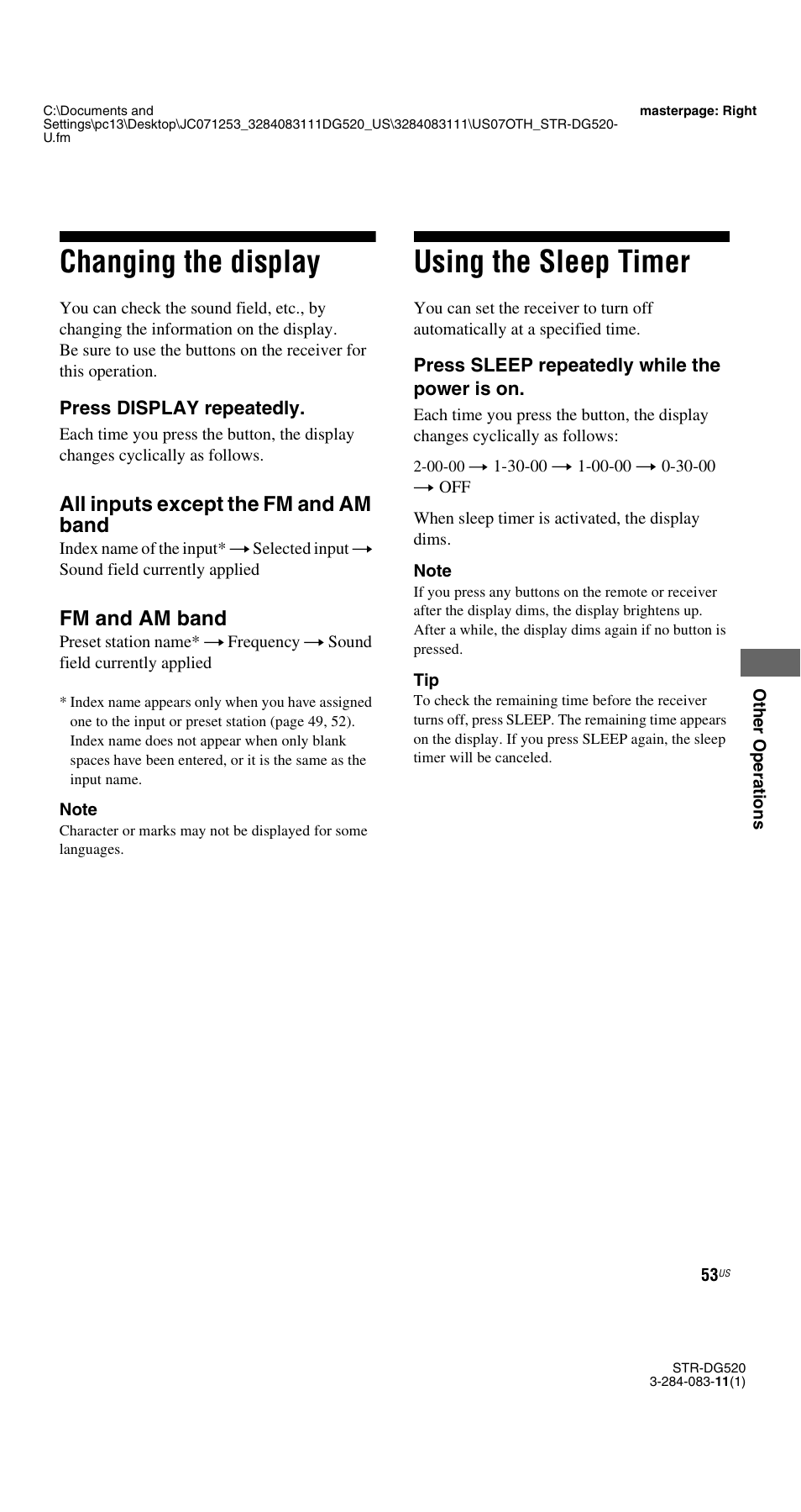 Changing the display, Using the sleep timer, Changing the display using the sleep timer | Sony STR-DG520 User Manual | Page 53 / 64