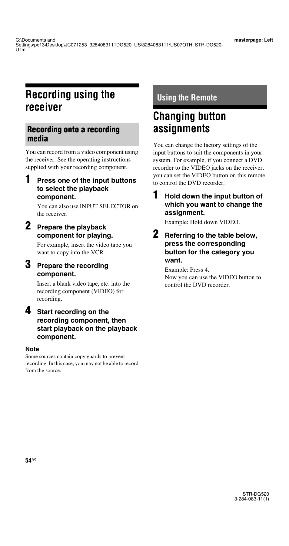 Recording using the receiver, Using the remote, Changing button assignments | Sony STR-DG520 User Manual | Page 54 / 64