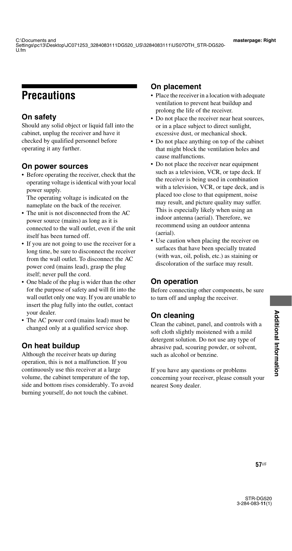 Precautions | Sony STR-DG520 User Manual | Page 57 / 64