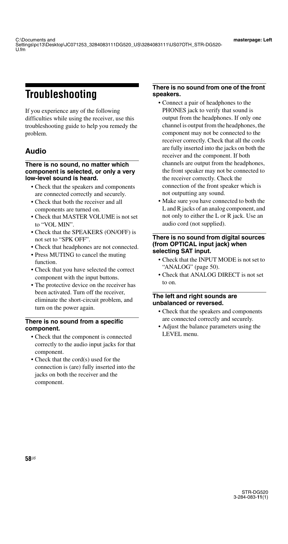 Troubleshooting, Audio | Sony STR-DG520 User Manual | Page 58 / 64