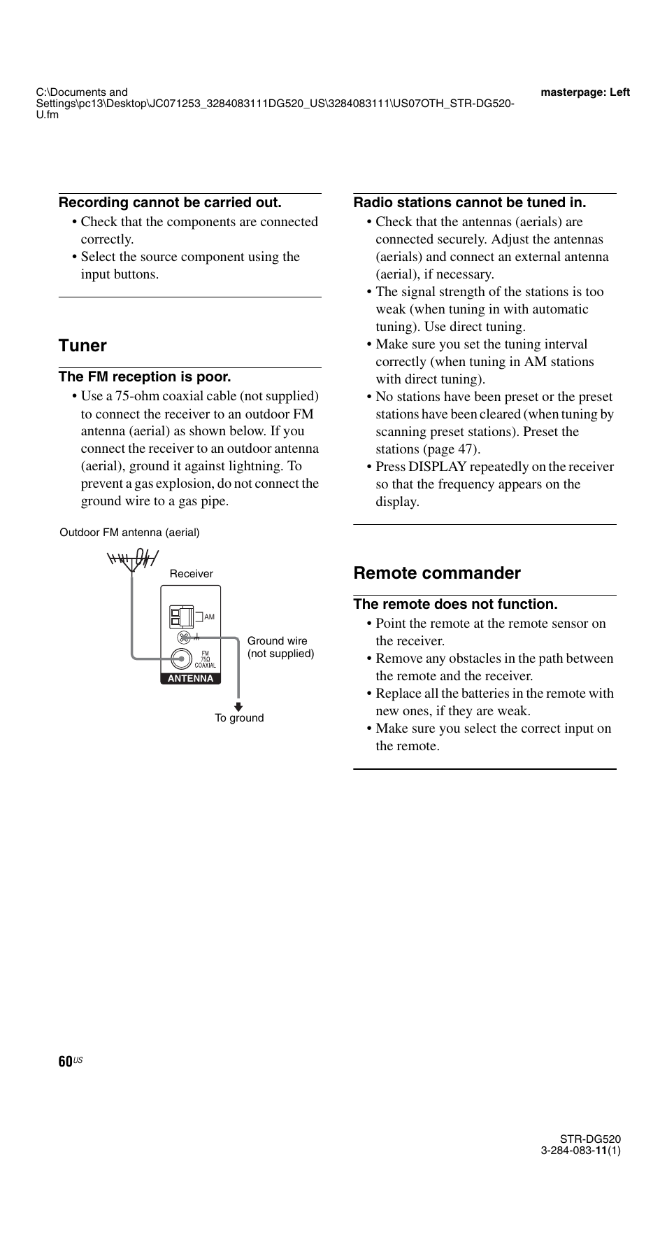 Tuner, Remote commander | Sony STR-DG520 User Manual | Page 60 / 64