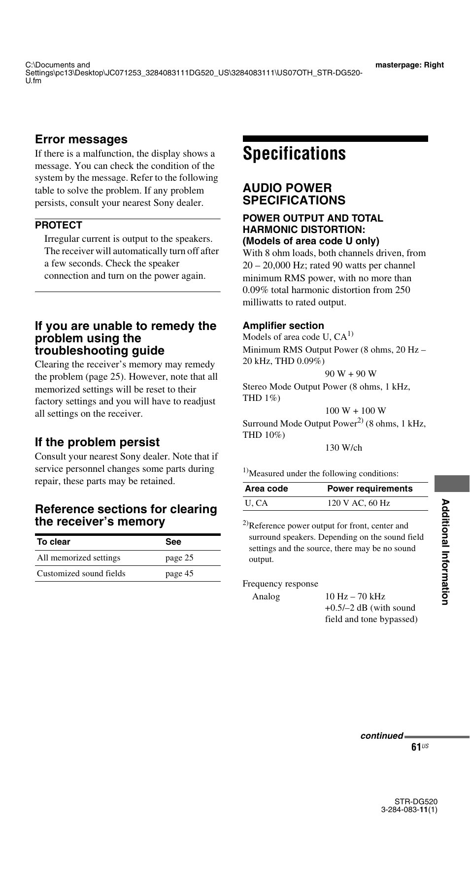 Specifications, Error messages, If the problem persist | Audio power specifications | Sony STR-DG520 User Manual | Page 61 / 64