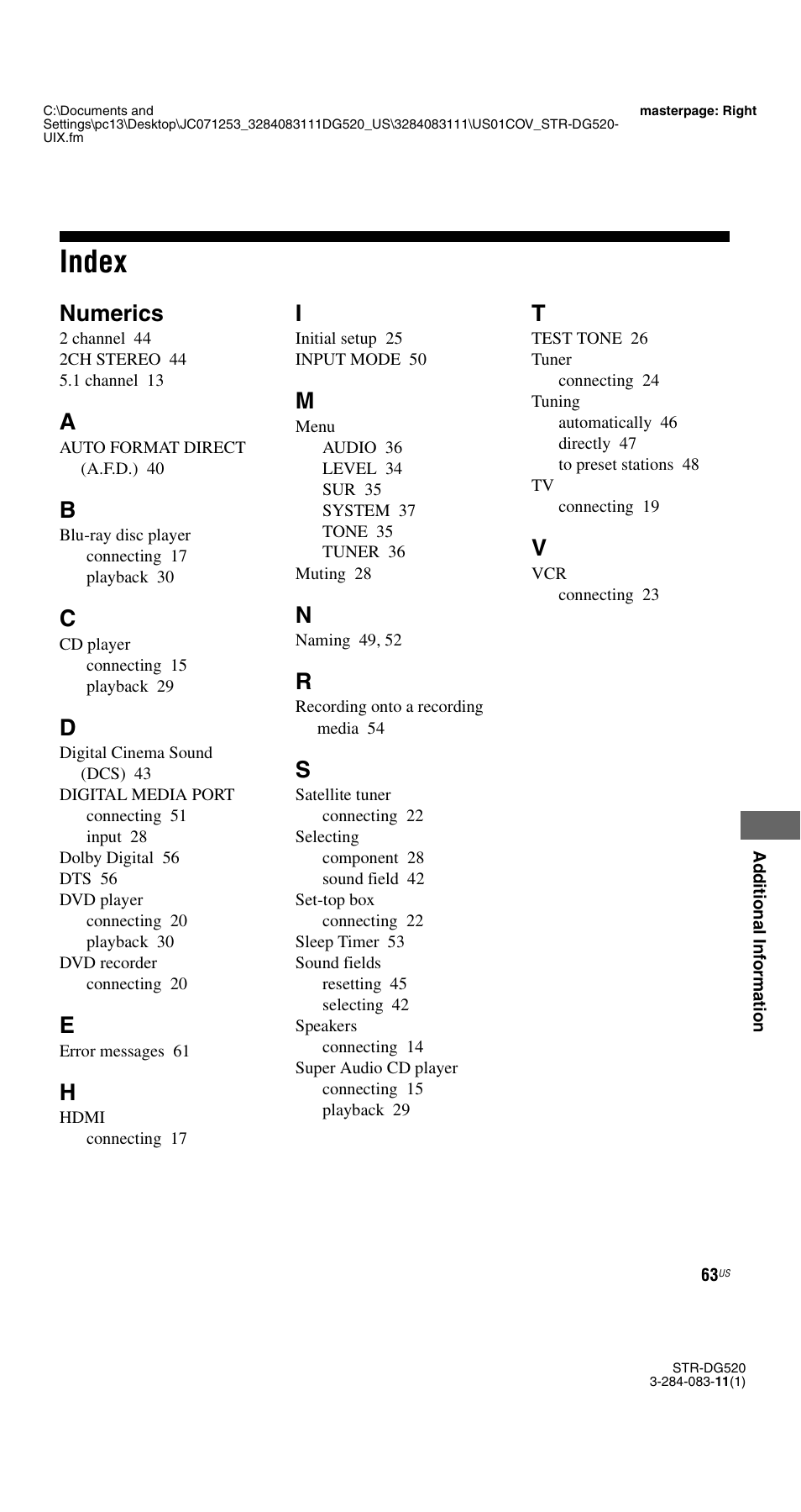 Index, Numerics | Sony STR-DG520 User Manual | Page 63 / 64