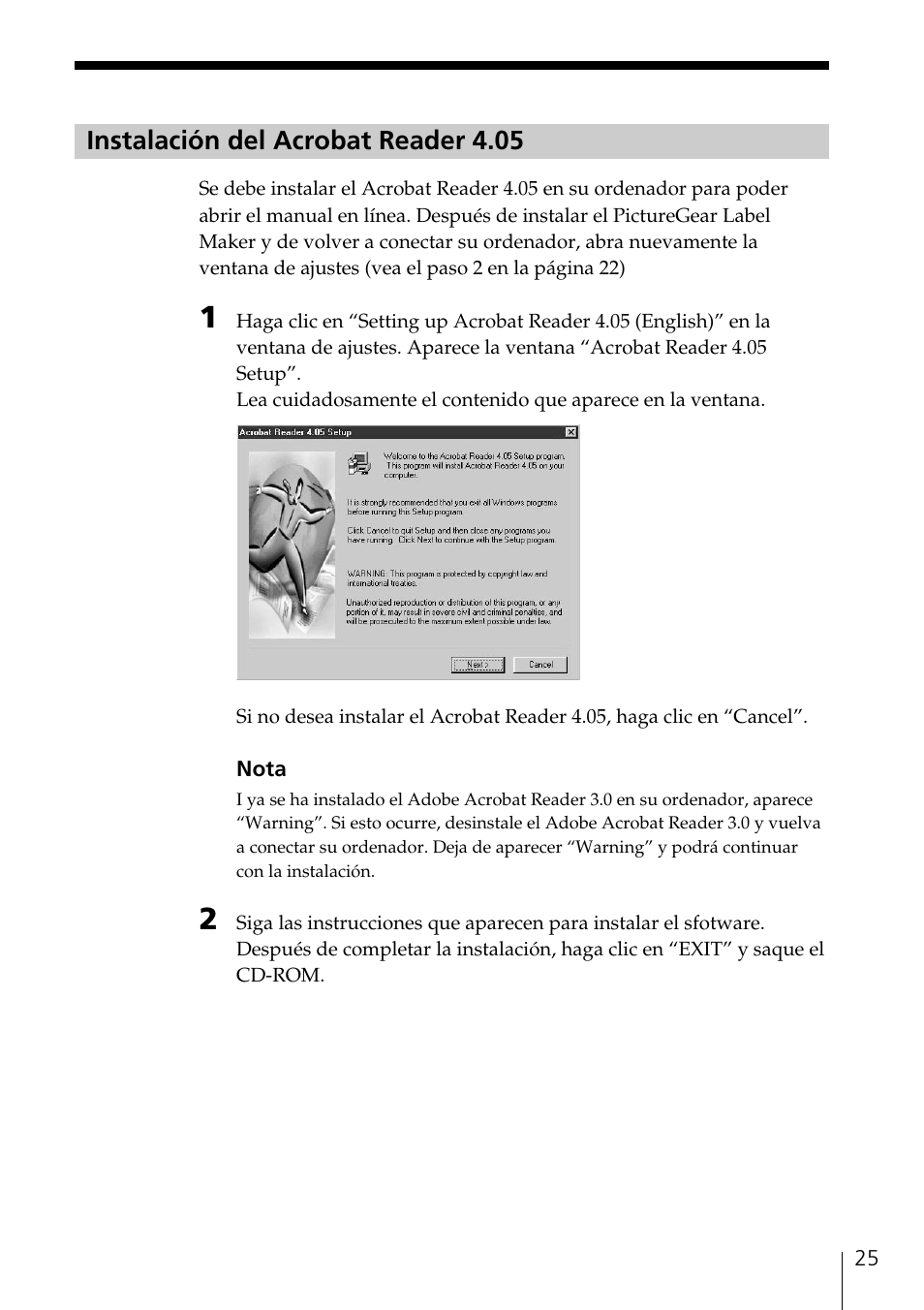 Instalación del acrobat reader 4.05 | Sony NAS-CZ1 User Manual | Page 115 / 241