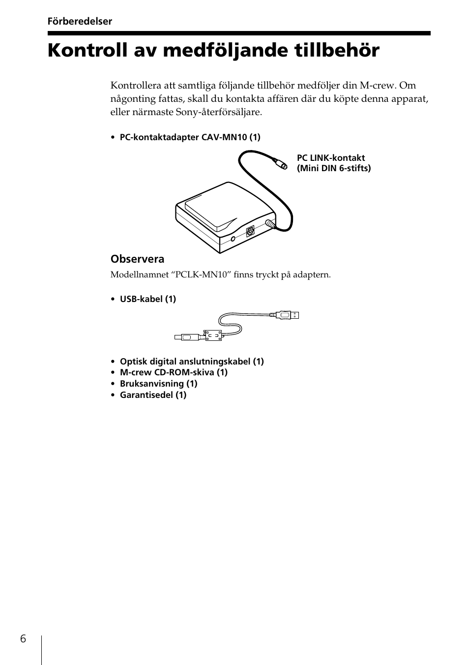 Förberedelser, Kontroll av medföljande tillbehör | Sony NAS-CZ1 User Manual | Page 156 / 241