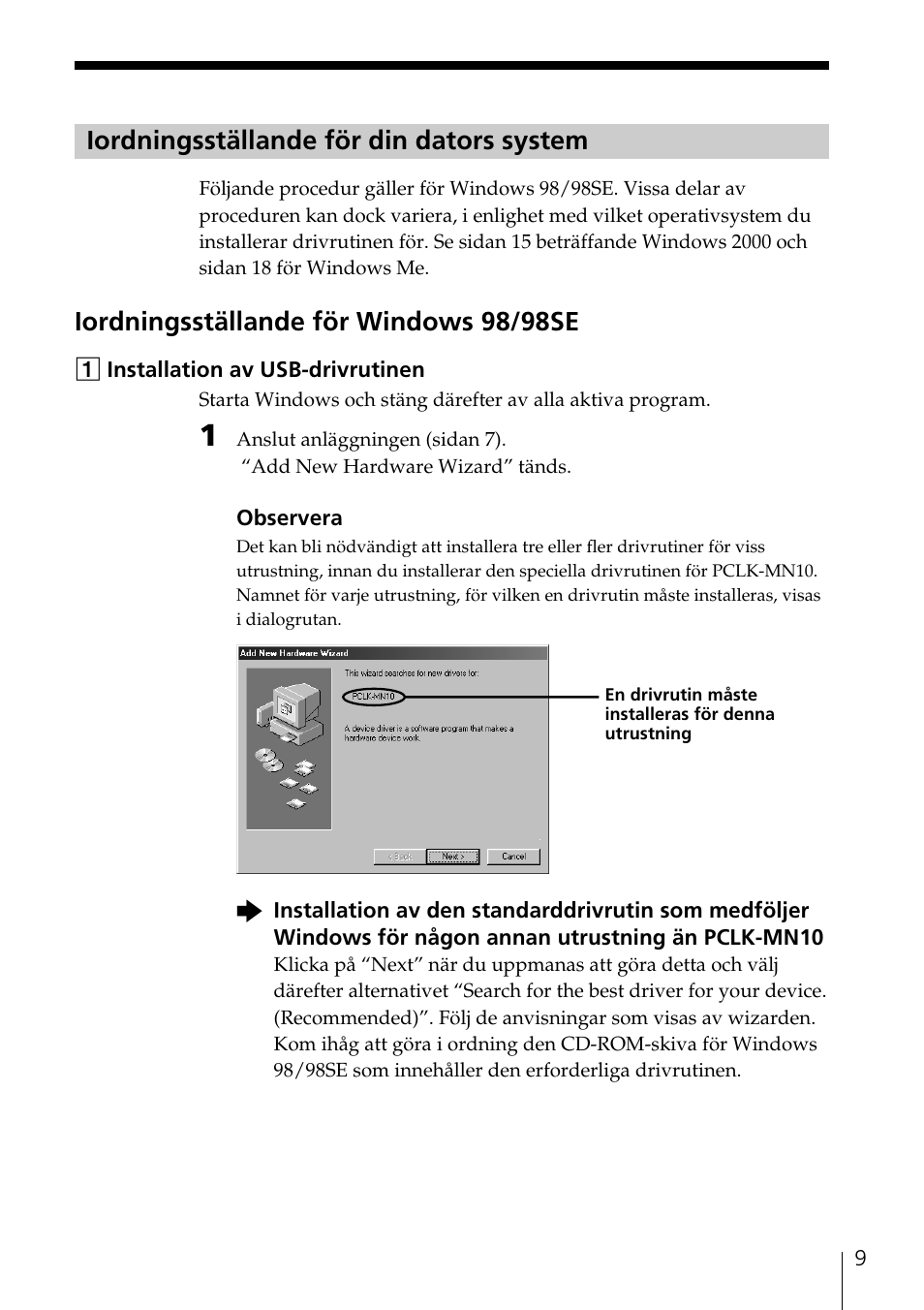 Iordningsställande för din dators system, Iordningsställande för windows 98/98se | Sony NAS-CZ1 User Manual | Page 159 / 241