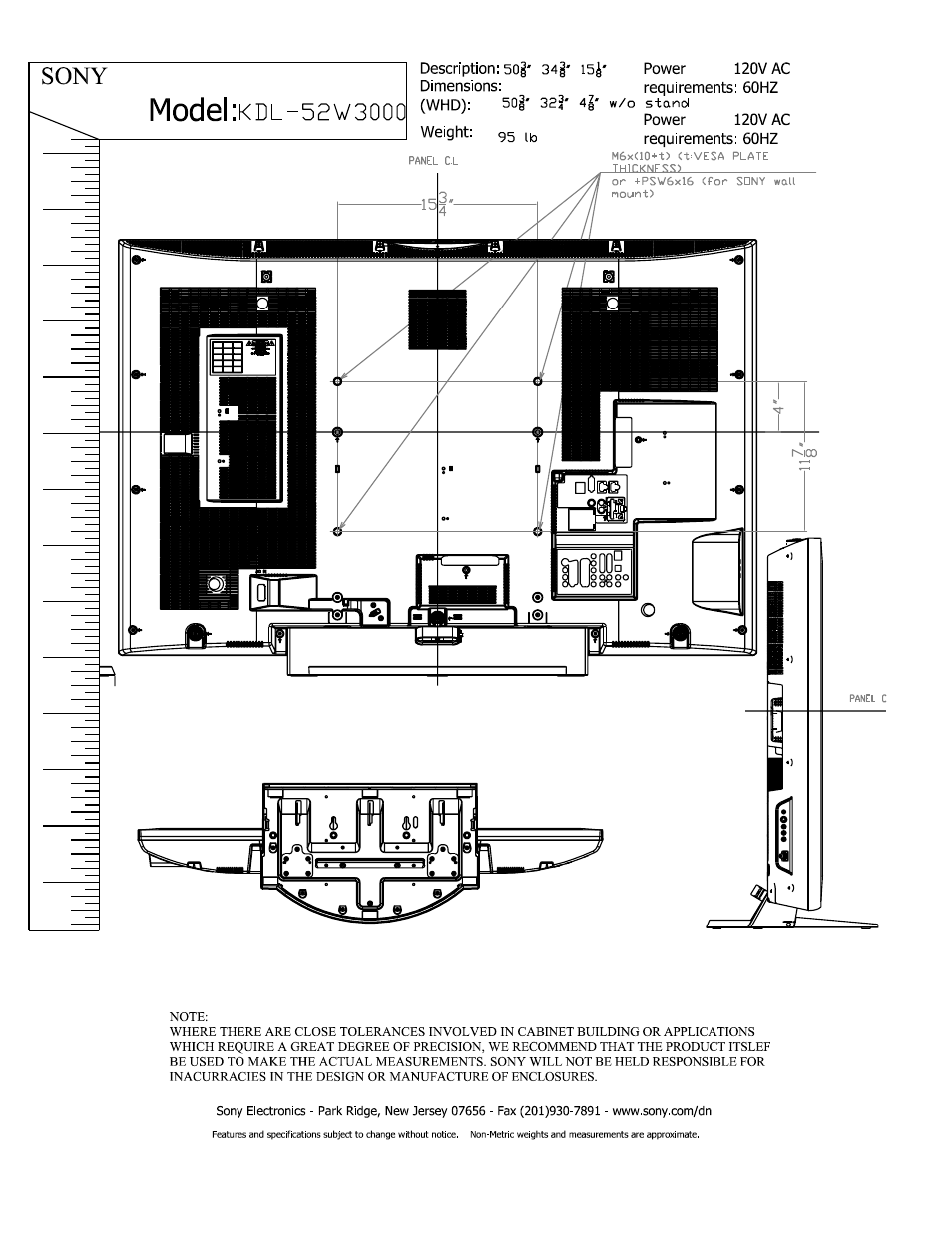 Model:kdl, Sony | Sony KDL-52W3000 User Manual | Page 2 / 2