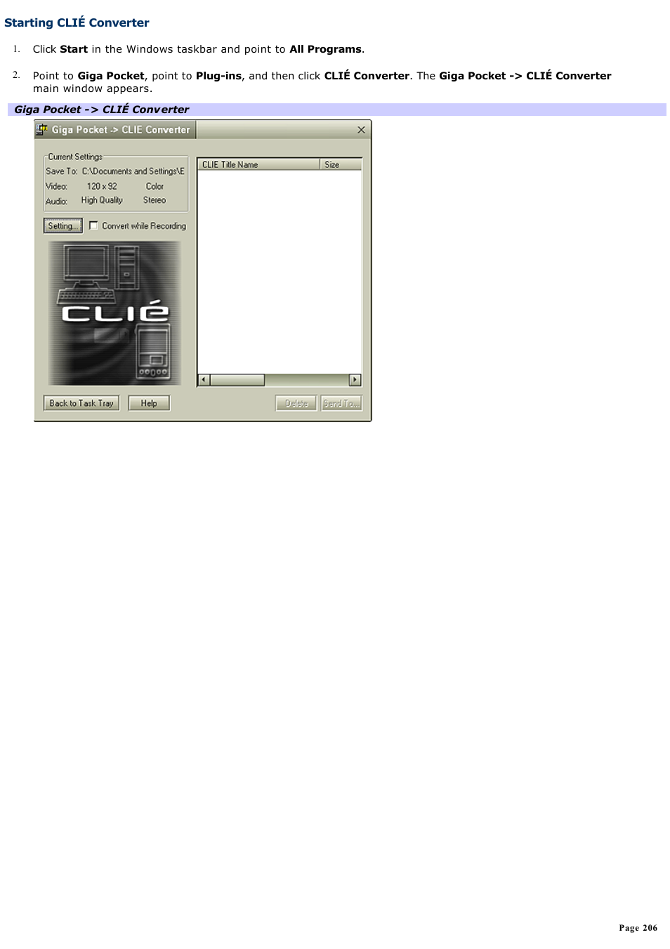 Starting cliÉ converter | Sony VGN-A150 User Manual | Page 206 / 315