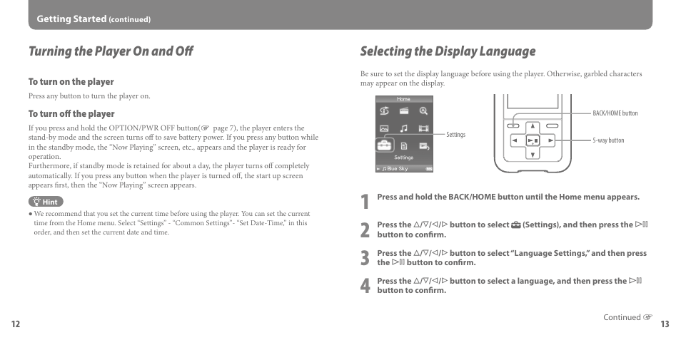 Turning the player on and off, Selecting the display language | Sony NWZ-S716FBNC User Manual | Page 7 / 16