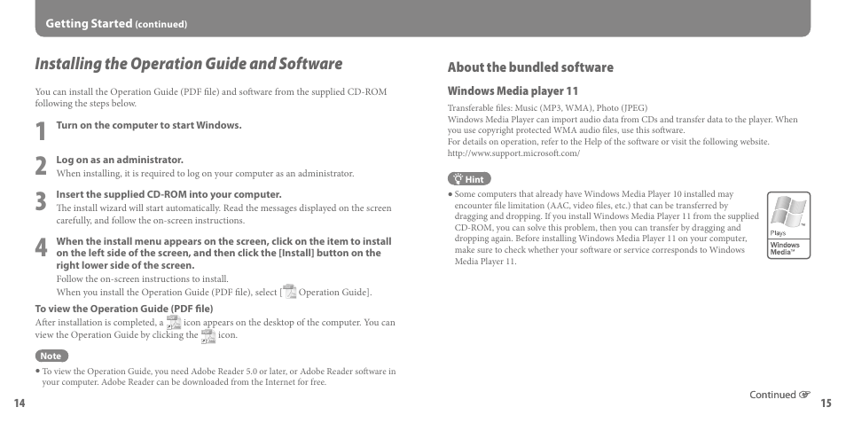 Installing the operation guide and software, About the bundled software | Sony NWZ-S716FBNC User Manual | Page 8 / 16
