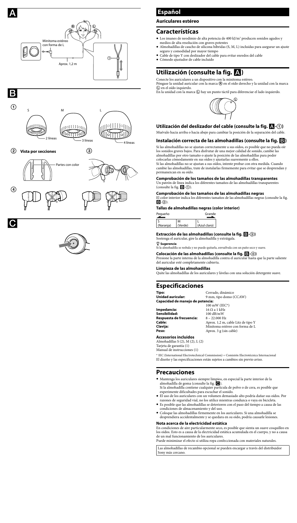 Español, Característícas, Utilización (consulte la fig.  ) | Especificaciones, Precauciones | Sony MDR-EX10LP User Manual | Page 2 / 2