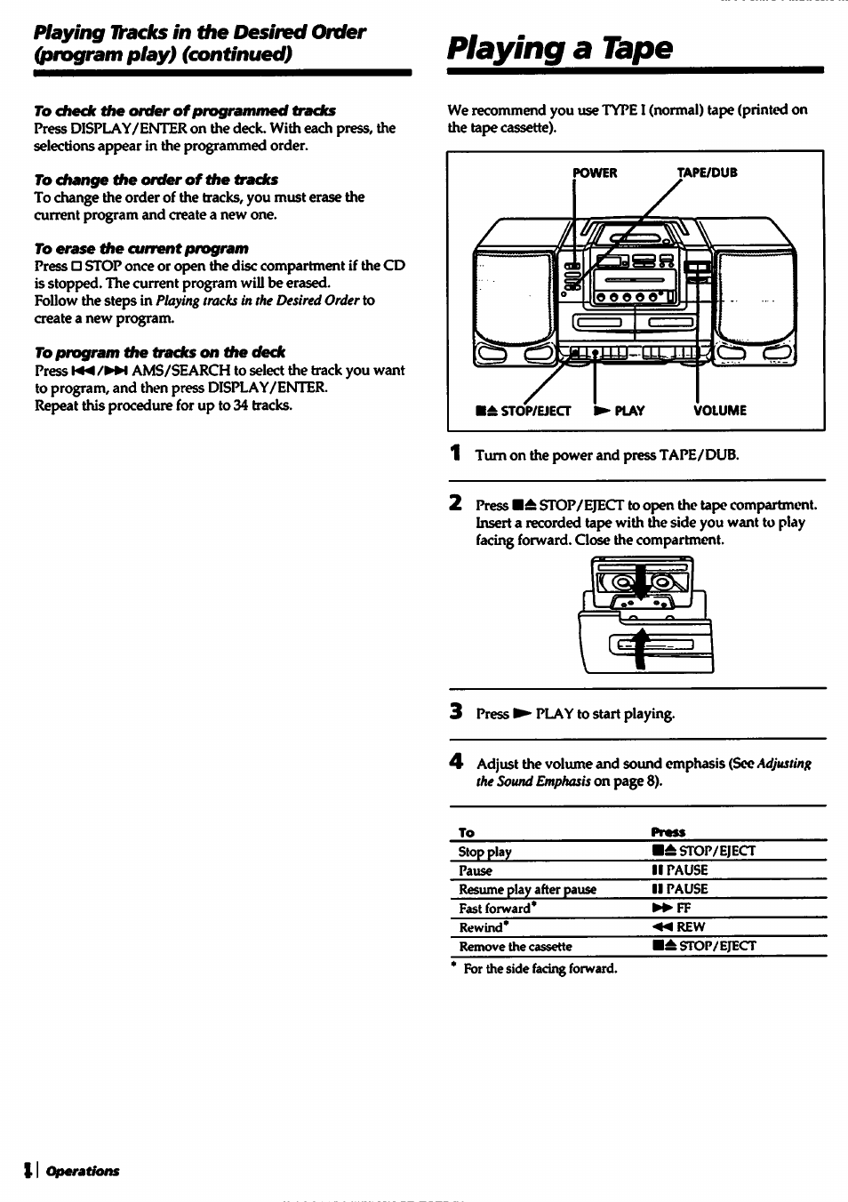 To dtedc the order of programmed tracks, To change the orrier of the tracks, To erase the current program | To program the tracks on the dedc, Playing a làpe | Sony CFD-550 User Manual | Page 14 / 20