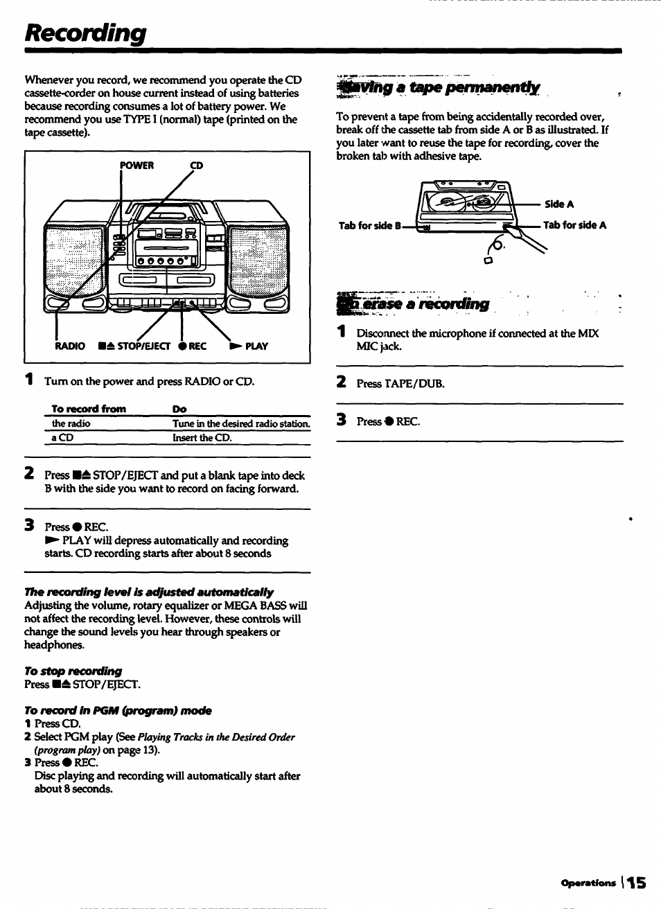 Recording, The recording levei is adjusted automadcaiiy, To record in pgm (program) mode | Sony CFD-550 User Manual | Page 15 / 20