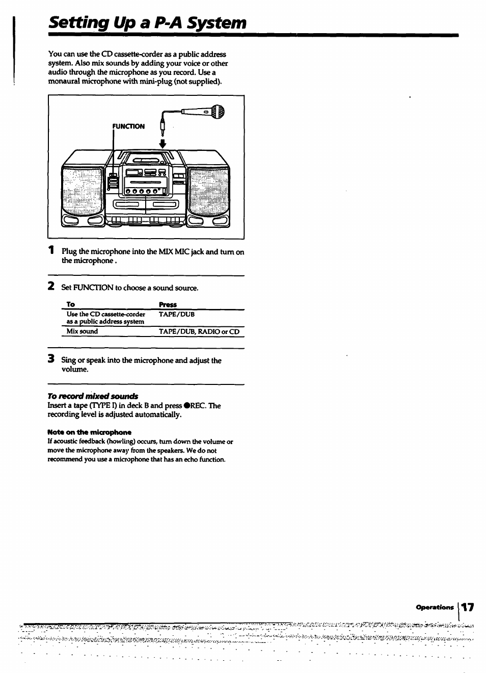 Setting up a p-a system, To record mixed sounds | Sony CFD-550 User Manual | Page 17 / 20