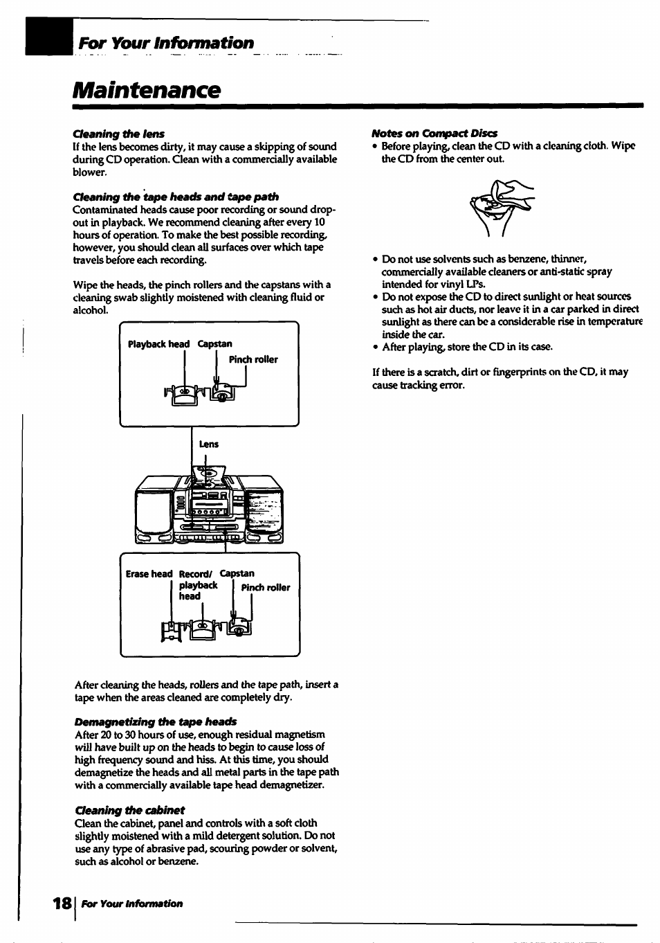 Maintenance, Cleaning the lens, Cleaning the tape heath and tape path | Notes on compact discs, Demagnetizing thetn>^heath, Qeaning the cabinet, For your information | Sony CFD-550 User Manual | Page 18 / 20