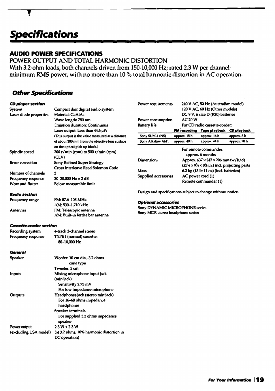 Power output and total harmonic distortion, Ofaer specificatioris, Specificatioris | Sony CFD-550 User Manual | Page 19 / 20