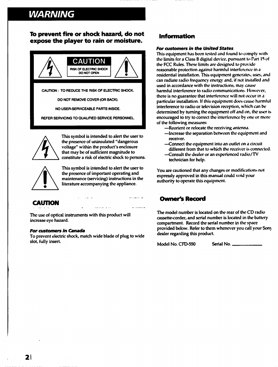 For customers in canada, For customers in the united states, Warning | Caution | Sony CFD-550 User Manual | Page 2 / 20