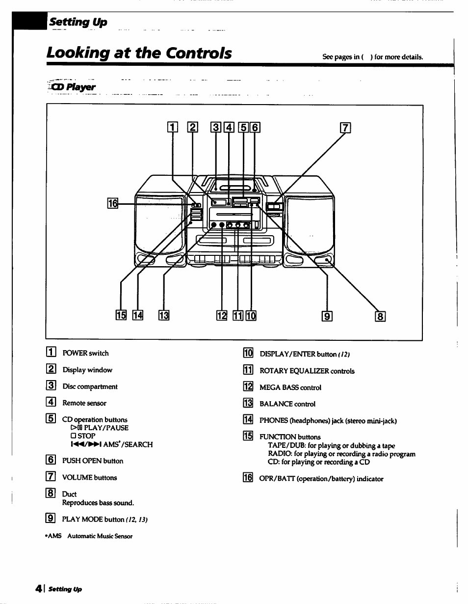 Looking at the controls, Player, Setting up | Sony CFD-550 User Manual | Page 4 / 20