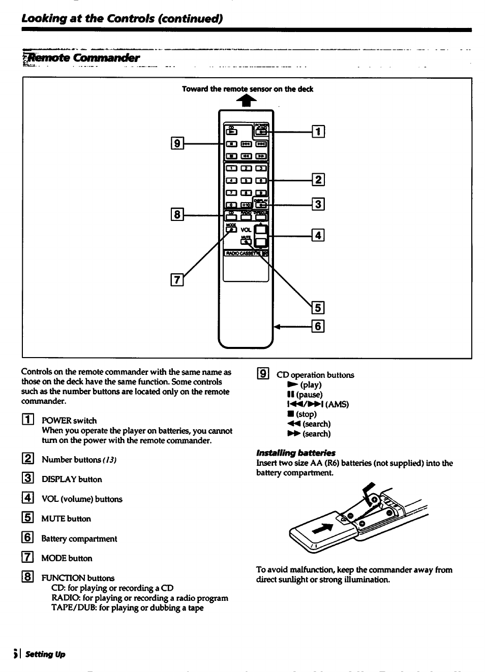 Looking at the controls (continued), Remote contmander, Installing batteries | 1 settingup | Sony CFD-550 User Manual | Page 6 / 20