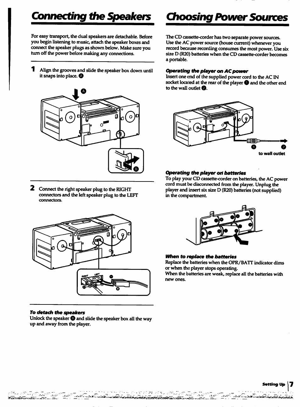Connecting the speakers choosing power sources, Opetating the player on ac power, Operating the player oil batteries | When to replace the batteries, Todetadh thespeakers | Sony CFD-550 User Manual | Page 7 / 20