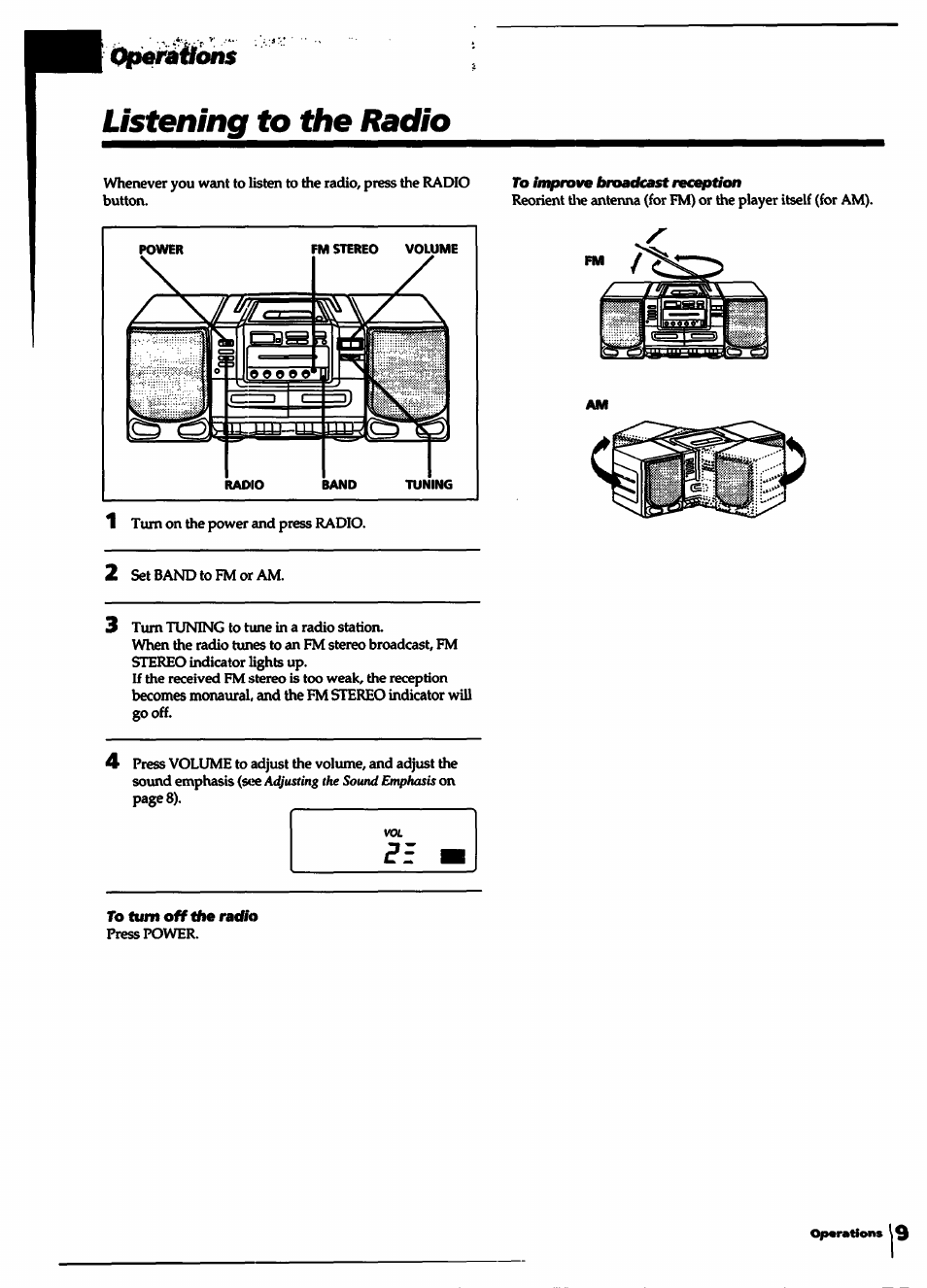 Listening to the radio, To turn off the radio, To improve broatkast recepdm | Sony CFD-550 User Manual | Page 9 / 20