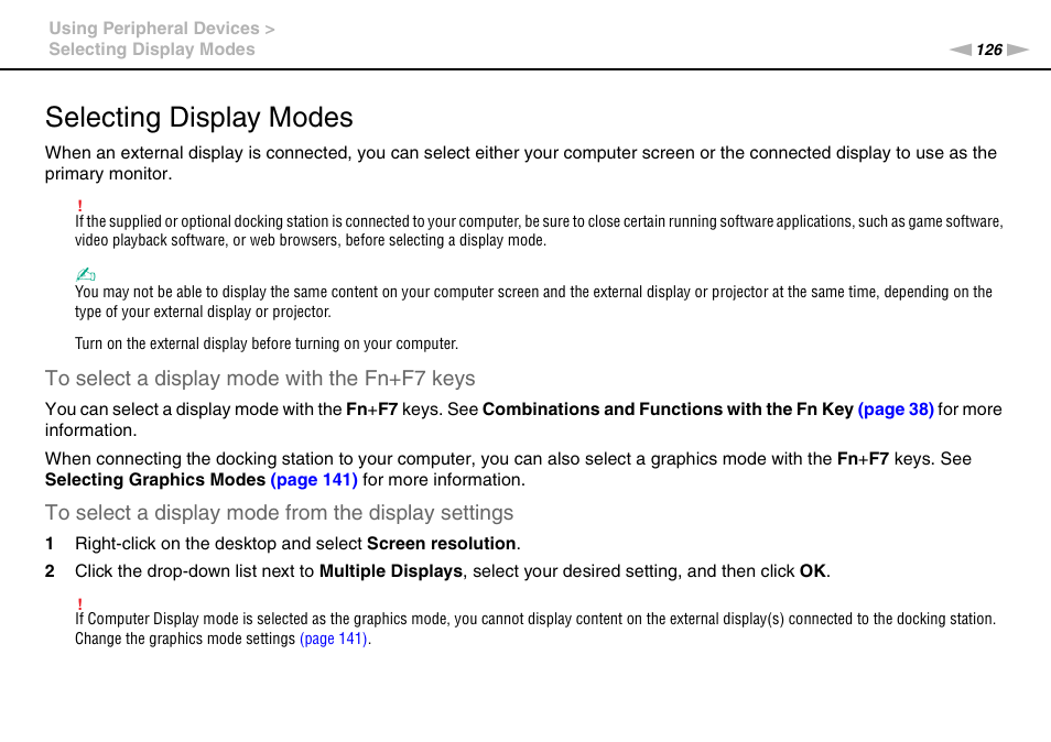 Selecting display modes | Sony VPCZ2390X User Manual | Page 126 / 216