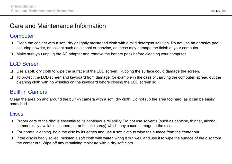 Care and maintenance information, Computer, Lcd screen | Built-in camera, Discs | Sony VPCZ2390X User Manual | Page 150 / 216