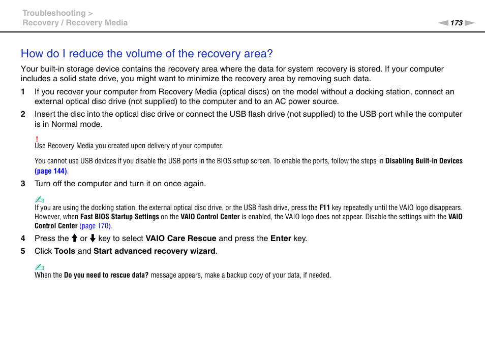 How do i reduce the volume of the recovery area | Sony VPCZ2390X User Manual | Page 173 / 216