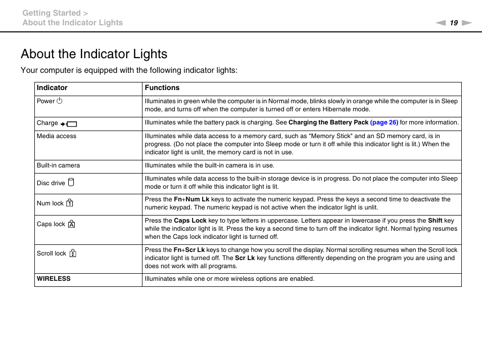 About the indicator lights | Sony VPCZ2390X User Manual | Page 19 / 216