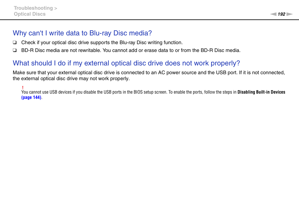 Why can't i write data to blu-ray disc media | Sony VPCZ2390X User Manual | Page 192 / 216