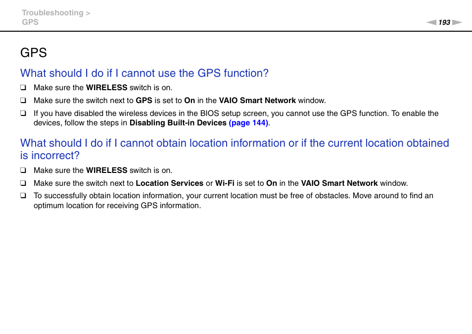 What should i do if i cannot use the gps function | Sony VPCZ2390X User Manual | Page 193 / 216