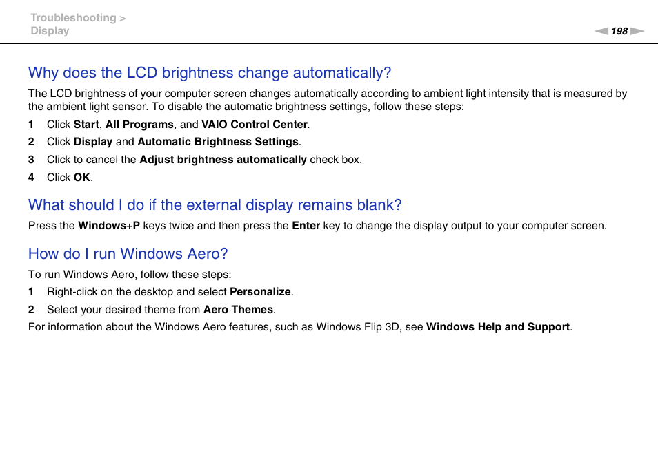 Why does the lcd brightness change automatically, How do i run windows aero | Sony VPCZ2390X User Manual | Page 198 / 216