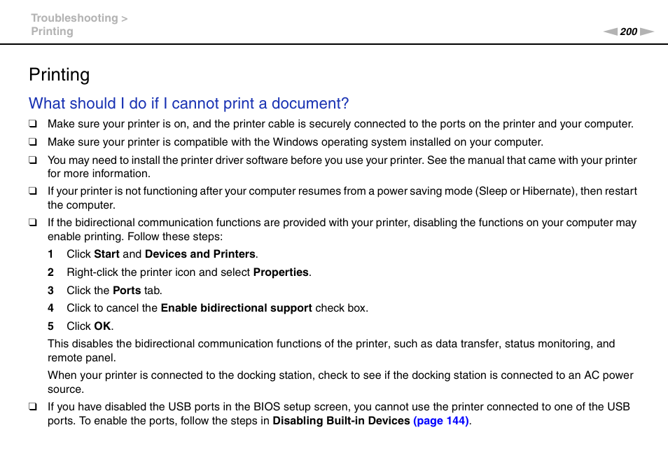 Printing, Inting, What should i do if i cannot print a document | Sony VPCZ2390X User Manual | Page 200 / 216