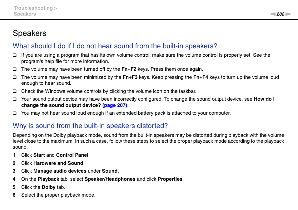 Speakers, Why is sound from the built-in speakers distorted | Sony VPCZ2390X User Manual | Page 202 / 216