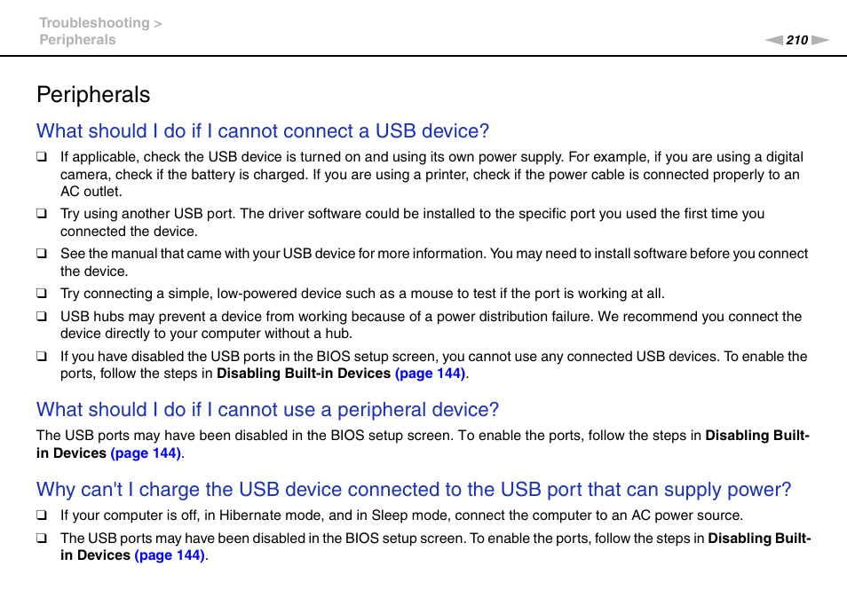 Peripherals, What should i do if i cannot connect a usb device | Sony VPCZ2390X User Manual | Page 210 / 216