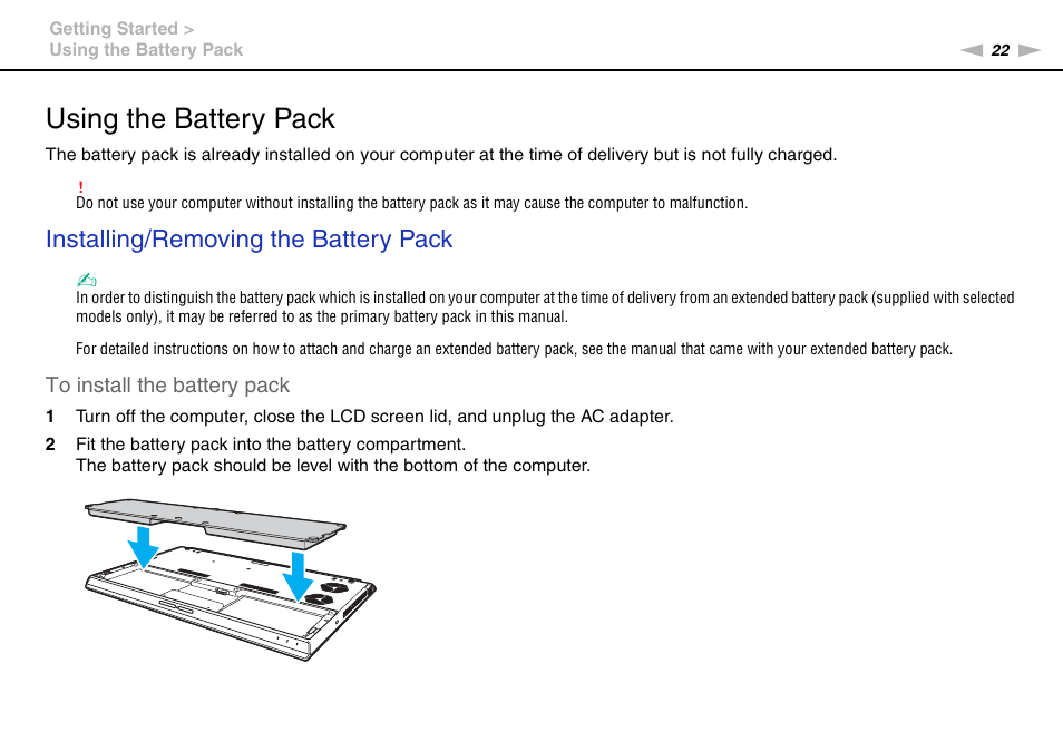 Using the battery pack, Installing/removing the battery pack | Sony VPCZ2390X User Manual | Page 22 / 216