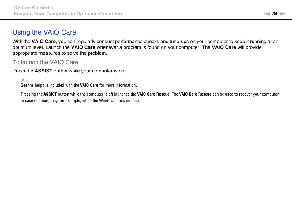 Using the vaio care | Sony VPCZ2390X User Manual | Page 36 / 216