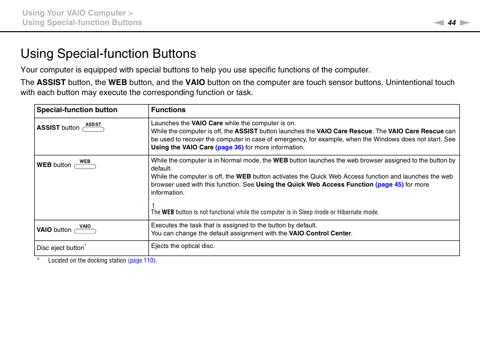 Using special-function buttons | Sony VPCZ2390X User Manual | Page 44 / 216