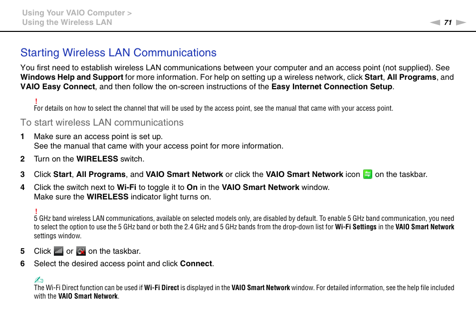 Starting wireless lan communications | Sony VPCZ2390X User Manual | Page 71 / 216