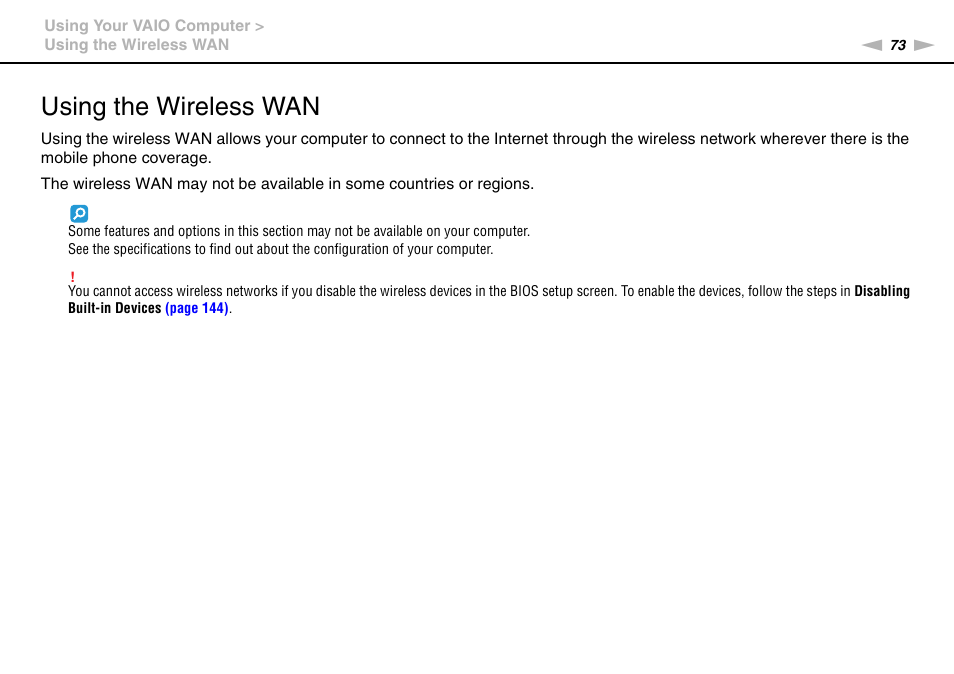 Using the wireless wan | Sony VPCZ2390X User Manual | Page 73 / 216