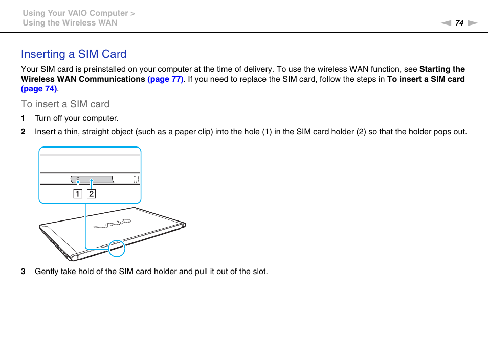 Inserting a sim card | Sony VPCZ2390X User Manual | Page 74 / 216