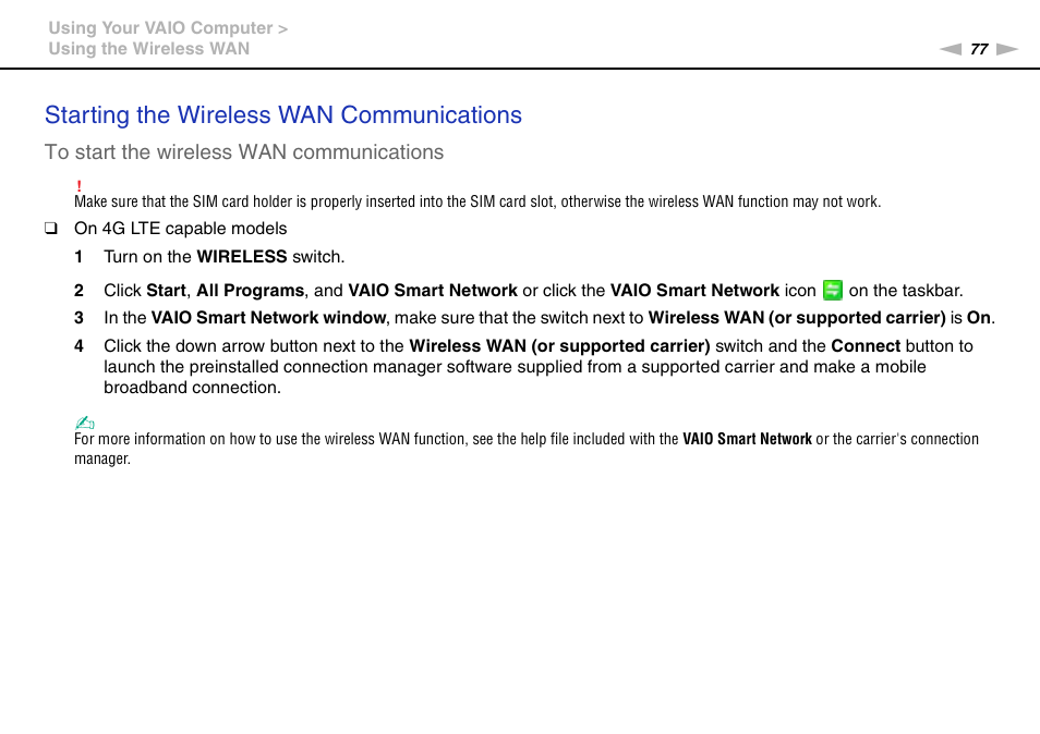 If y, Starting the wireless wan communications | Sony VPCZ2390X User Manual | Page 77 / 216