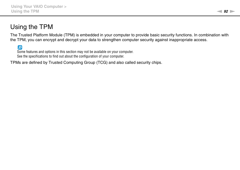 Using the tpm | Sony VPCZ2390X User Manual | Page 92 / 216