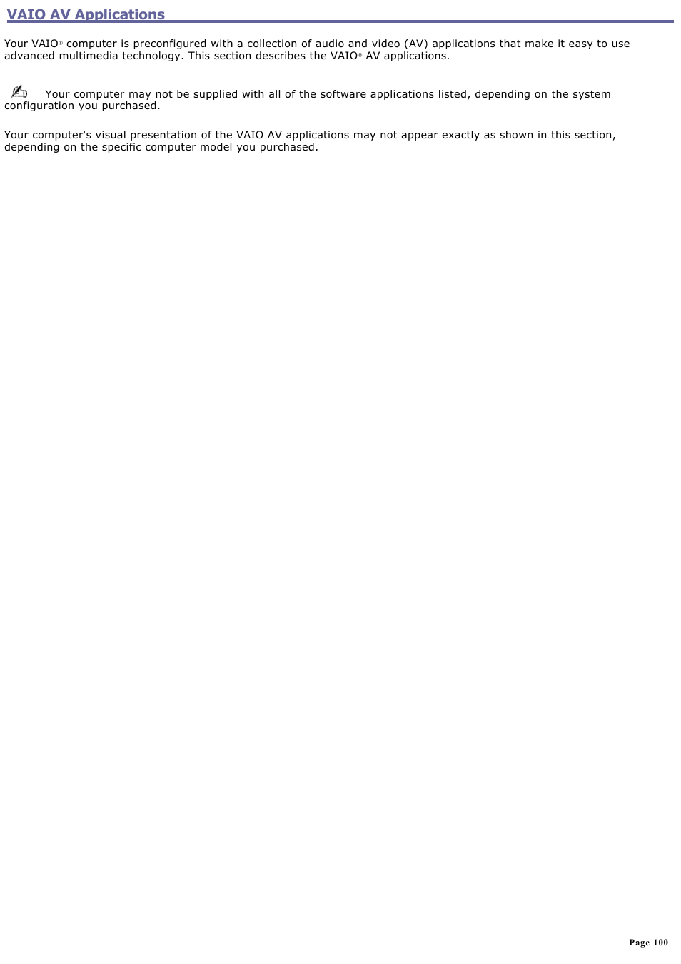 Vaio av applications | Sony PCG-R505ELK User Manual | Page 100 / 214