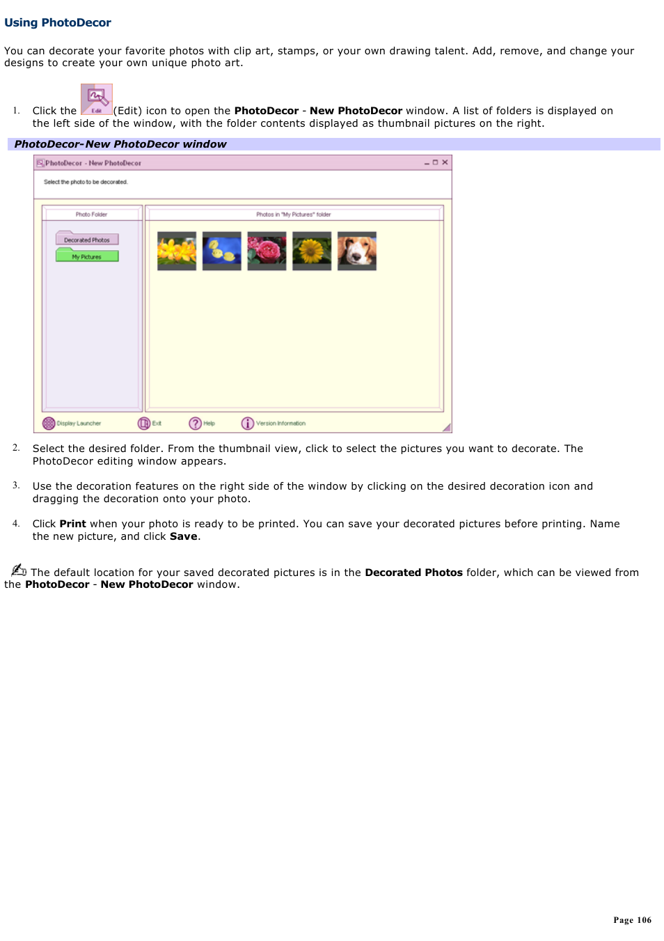 Using photodecor | Sony PCG-R505ELK User Manual | Page 106 / 214
