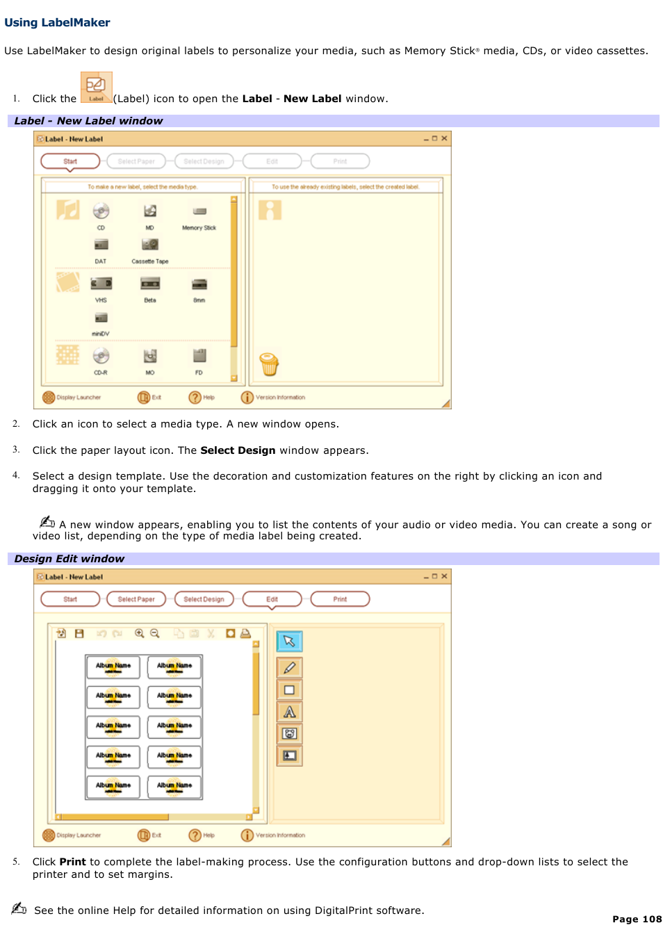 Using labelmaker | Sony PCG-R505ELK User Manual | Page 108 / 214