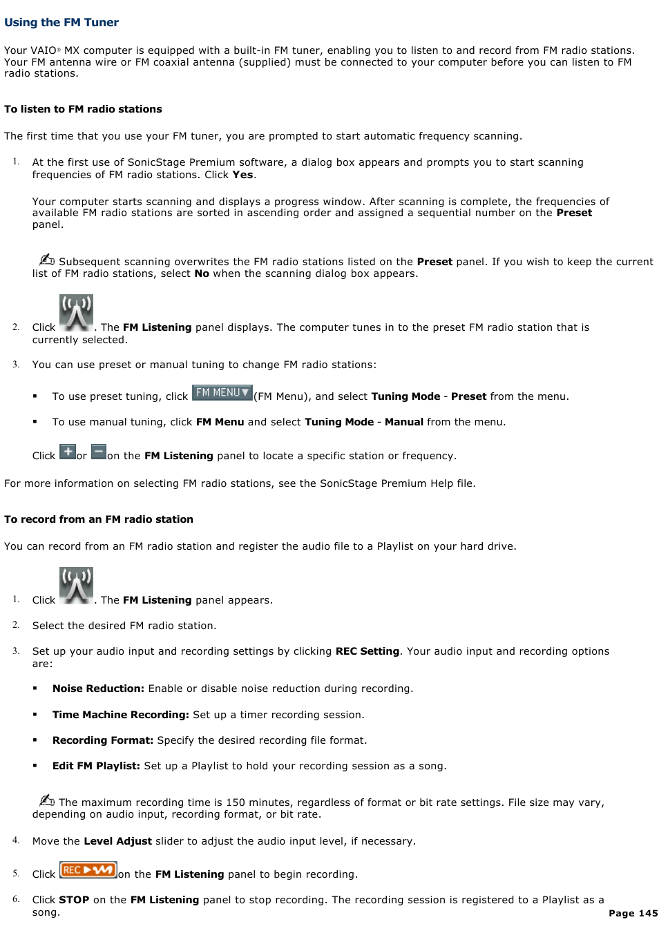 Using the fm tuner | Sony PCG-R505ELK User Manual | Page 145 / 214