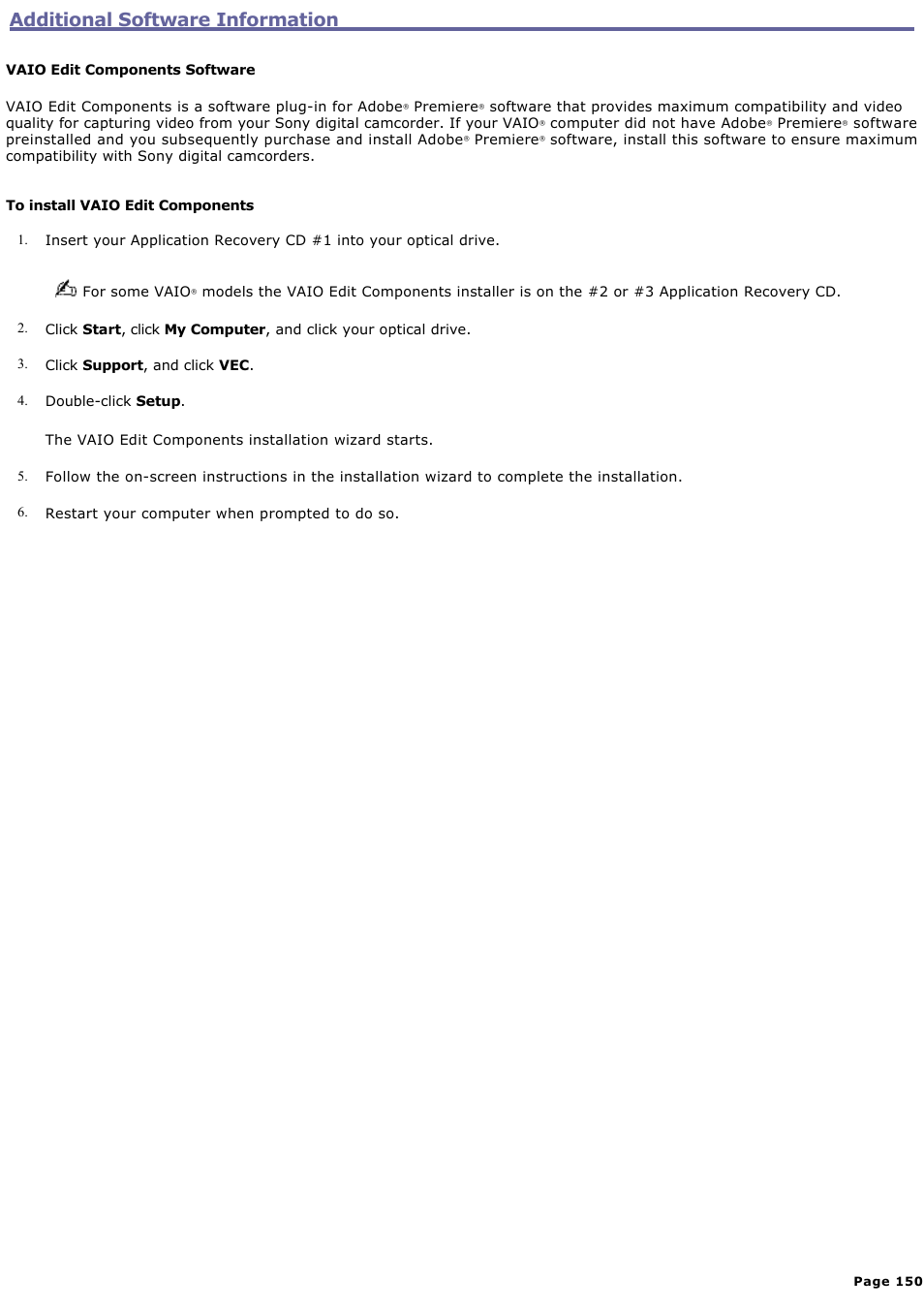 Additional software information | Sony PCG-R505ELK User Manual | Page 150 / 214